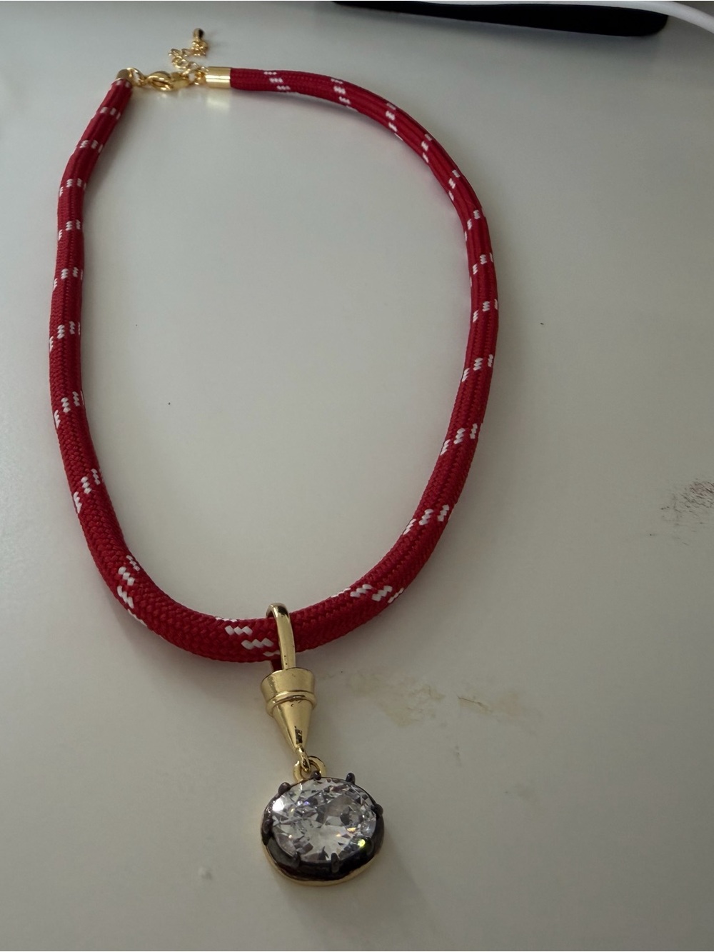 Red Rope Necklace with Gold-Tone Pendant and Crystal Drop